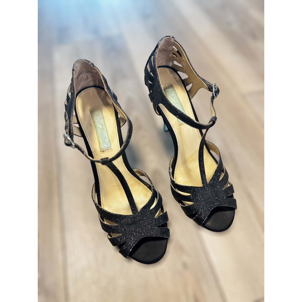 Betsey Johnson Y2K SB-TEE Black Glitter TStrap Stiletto Heels Cutout Sandals 8.5